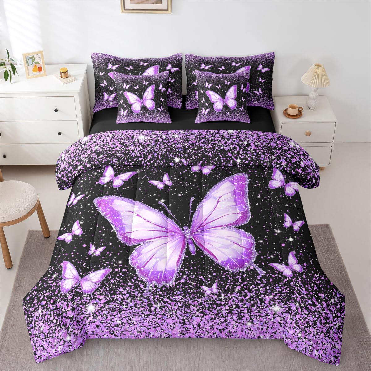 Feelyou Purple Butterfly 7 Piece Bedding Set Glitter Print Comforter Set with Sheets for Kids Boys Girls Pretty Animal Bed in a Bag Beautiful Butterfly Bed Set Soft Lightweight