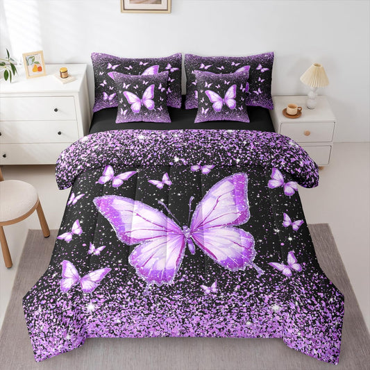 Feelyou Purple Butterfly 7 Piece Bedding Set Glitter Print Comforter Set with Sheets for Kids Boys Girls Pretty Animal Bed in a Bag Beautiful Butterfly Bed Set Soft Lightweight