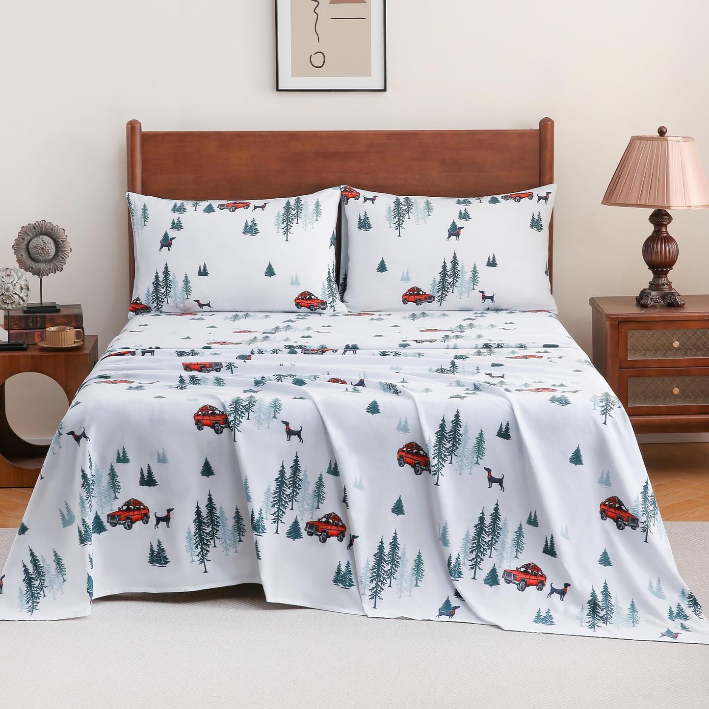 LONAVA 100% Cotton Flannel Sheet Set 4 Pieces, Heavy-Duty Fluffy Flannel Design, Thermal Lock Technology, 16 inch Deep Pocket Cozy Soft Bedsheets,(Twin,Forest Jeep)