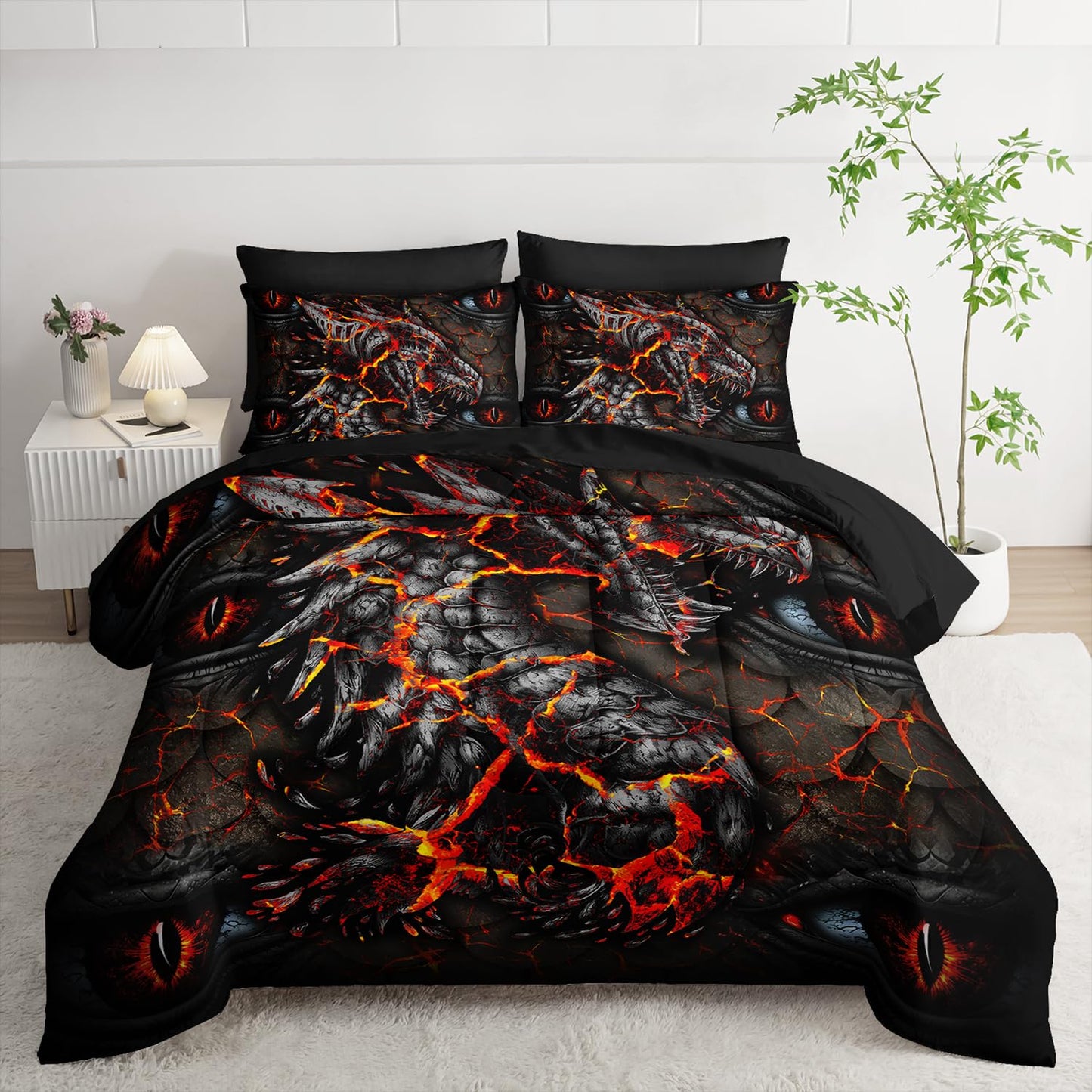 AILONEN Burning Ash Dragon Comforter Set,7-Piece Eye of The Dragon Bed in a Bag for Teen Boys Twin Size,Boho Style Comforter & Fitted Sheet with Flat Sheet & 2 Pillowcases,2 Pillow Cases