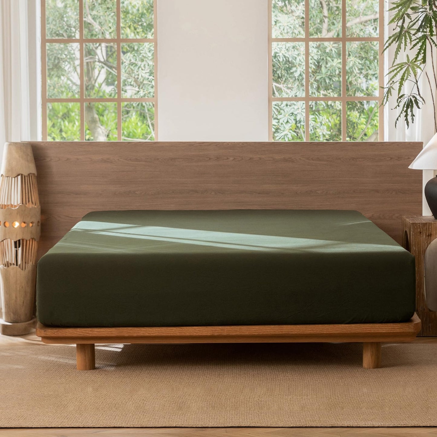 MooMee Fitted Bottom Sheet Only 100% Washed Cotton Linen Like Textured Breathable Durable Soft Comfy Deep Pocket Fits Mattress up to 17" (Olive Green, Queen)