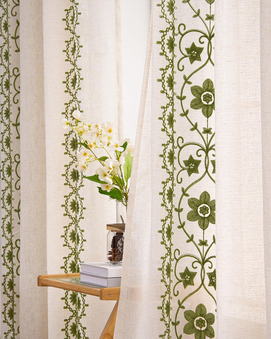 Sage Green Boho Curtains 2 Panels for Living Room Vintage Floral Linen Curtains 84 Inches Long for Bedroom Farmhouse Patterned Drapes Embroidered Light Filtering Drapes Grommet Window Treatments