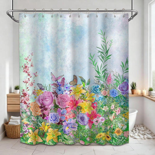 Tonmue Spring Blue Floral Shower Curtain Flower Colorful Butterfly Wildflower Watercolor Bathroom Decor, Waterproof Cloth Fabric with Hooks 70" Wx72 L