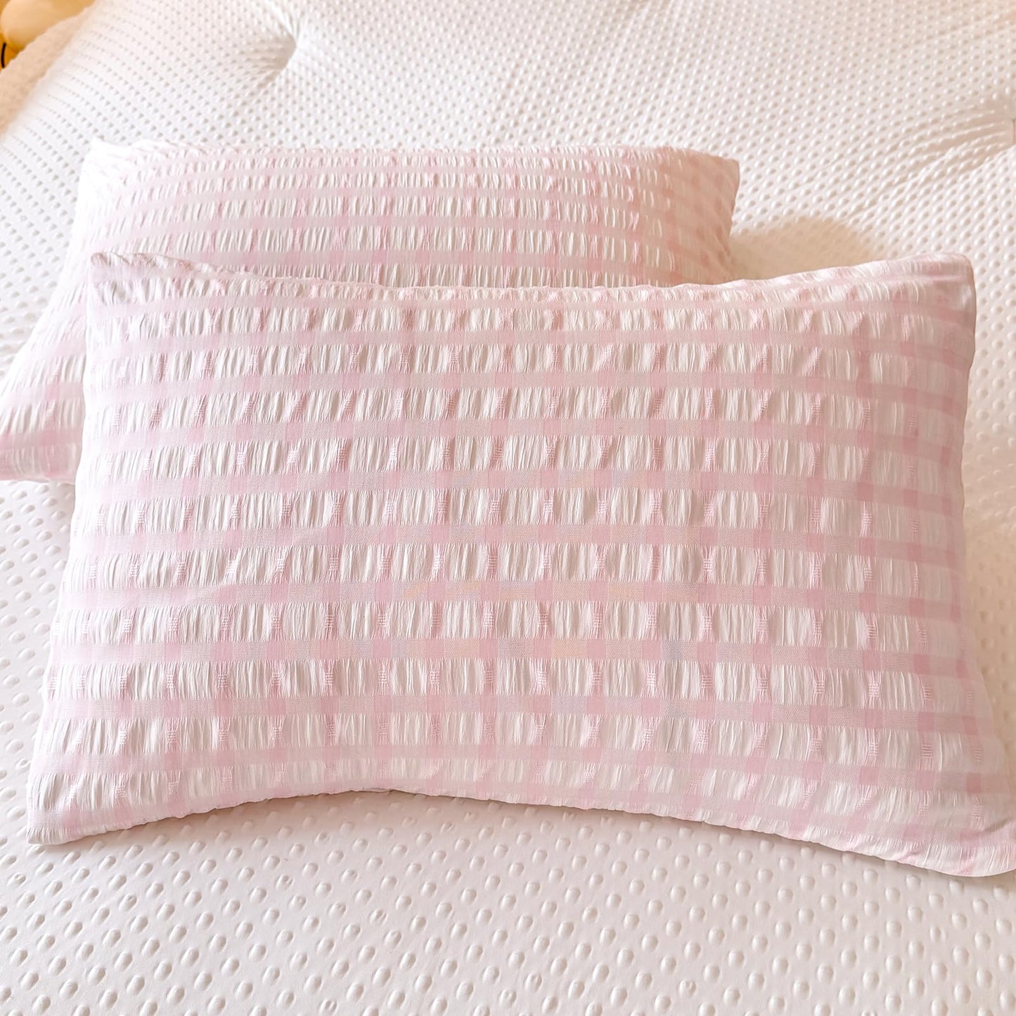 tohrisa Boho Comforter Set Twin Size - 2 Pieces Lightweight Jacquard Seersucker Bedding Sets (1 Soft Fluffy Grid Comforter & 1 Pillowcase) - All Seasons Cozy Modern Bed Set(68"x90" Blush Pink)