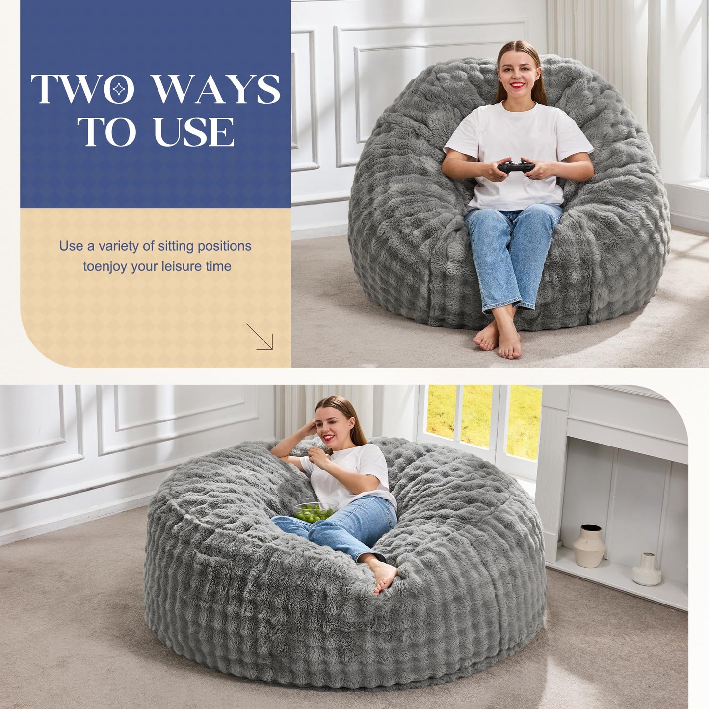 Hobestluk Bean Bag Chairs Beanbag Chair with Filler Adult Bean Bags with Fluffy & Machine Washable Cover, Giant Bean Bag Chairs for Aduts (Grey, 5FT-50" x 50" x 24")