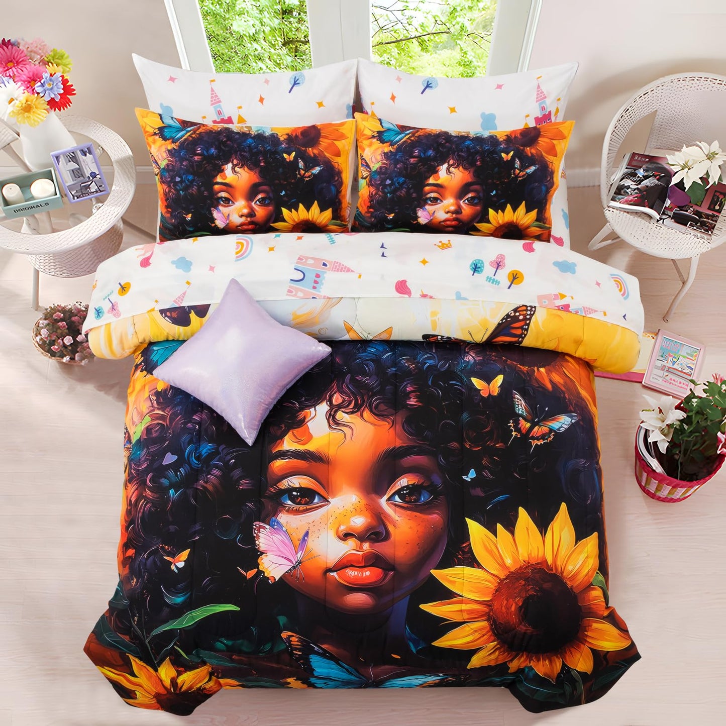 A Nice Night 6pcs Comforter Sets,Black Girl with Butterfly Flying Printed, Sunflower Flowering Shrubs Background Kids Bedding Set,Twin