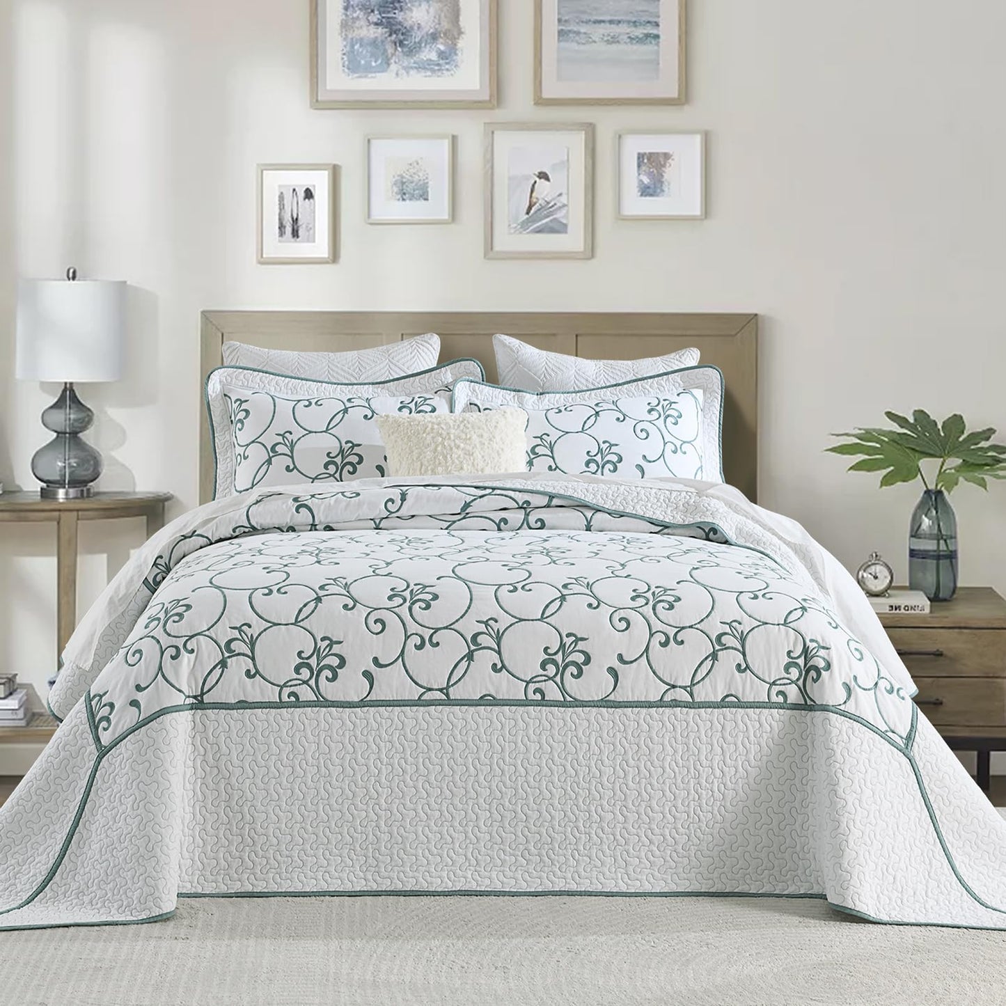 Finlonte Oversized King Bedspread 120"x120" - 100% Cotton Vine Embroidery King/Cal King Quilted Bedspread, White Bedspread Coverlet Blue Vine, Lightweight Extra Large Quilt Set with 2 Pillowshams