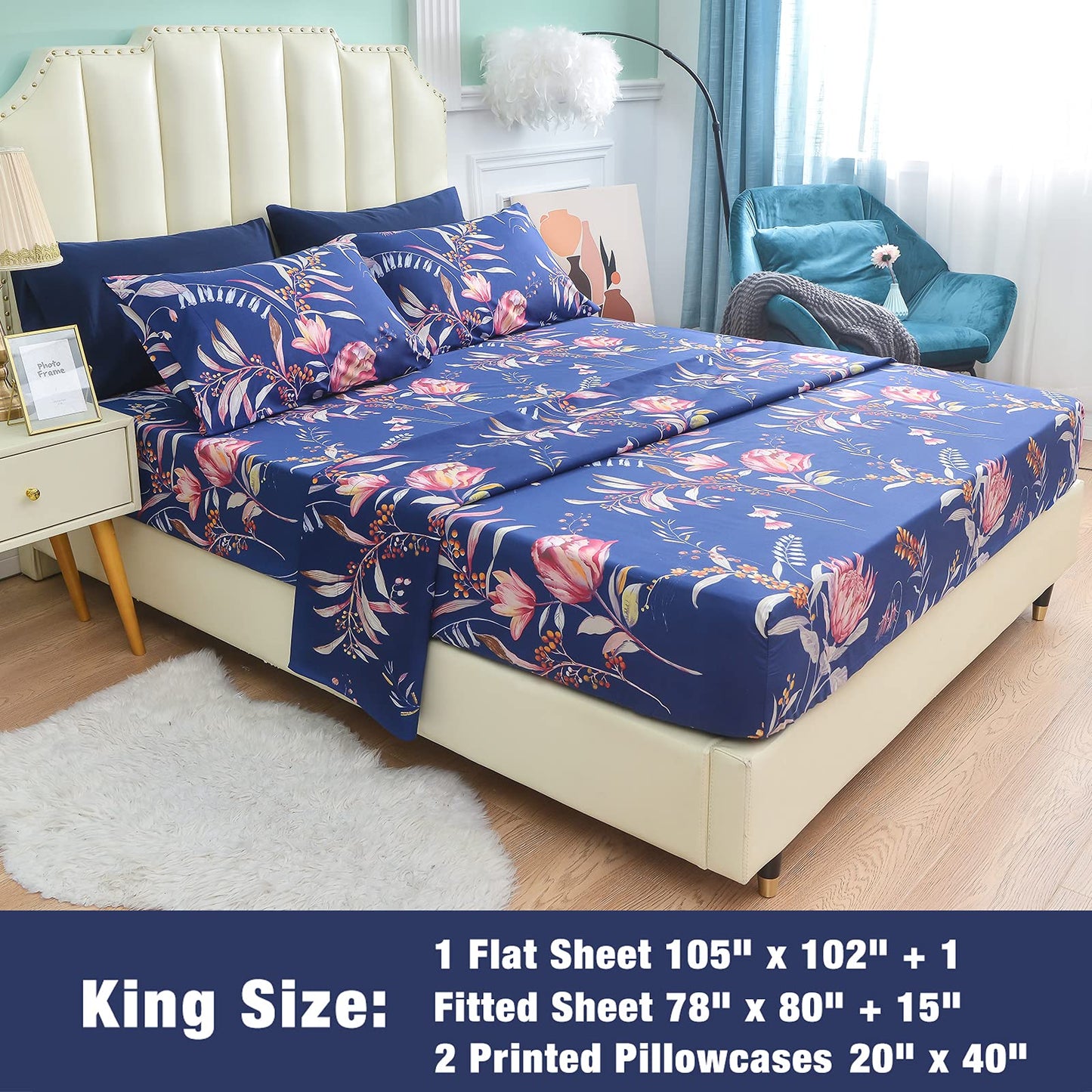 JSD Navy Floral Sheet Set King Size, 4 Piece Soft Printed Microfiber Sheets Extra Deep Pocket