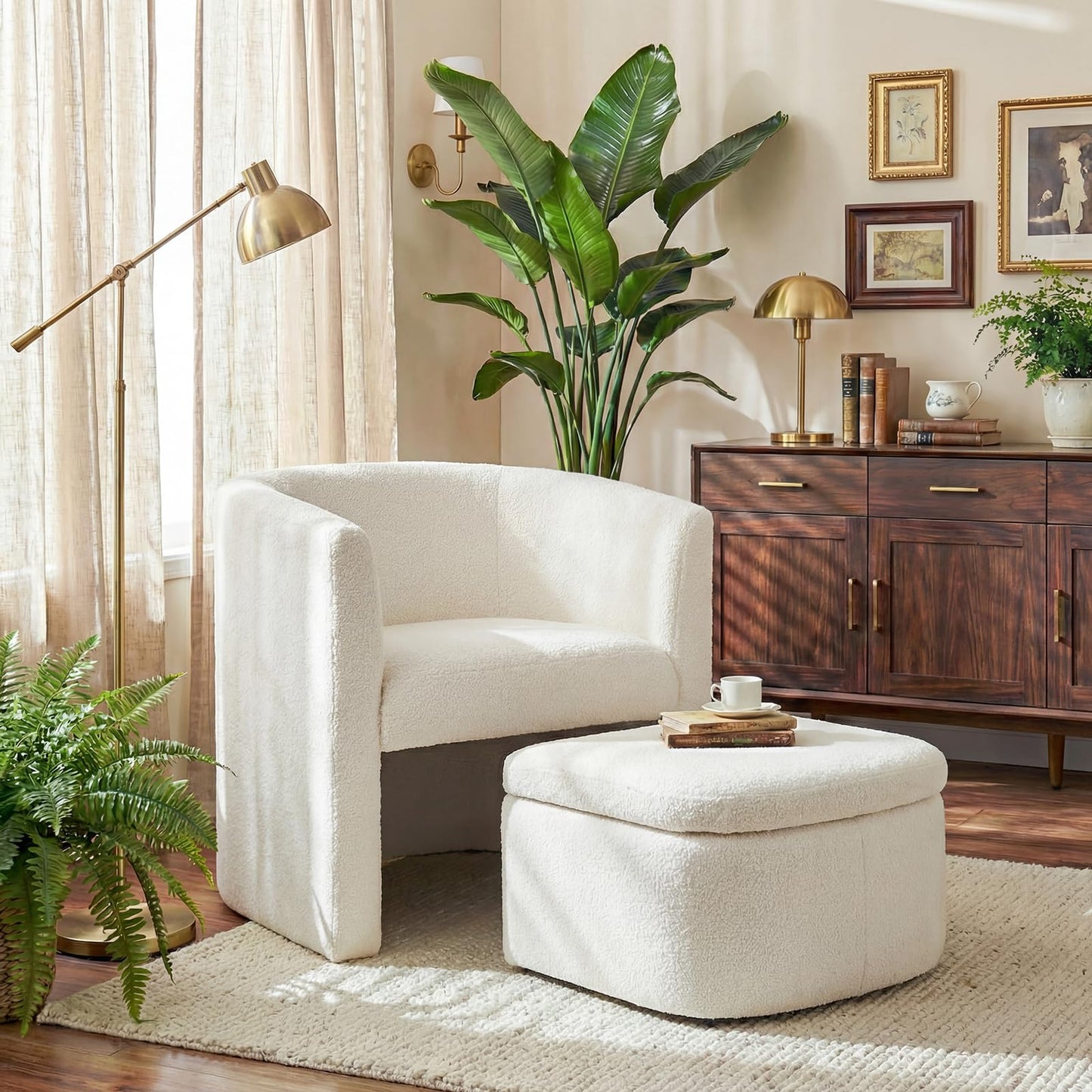 COLAMY Velvet Morden Living Room Chair with Storage Ottoman, Barrel Accent Chair with Lounge Seat for Bedroom/Reading Spaces, Rubberwood, Sponge Foam, Cream