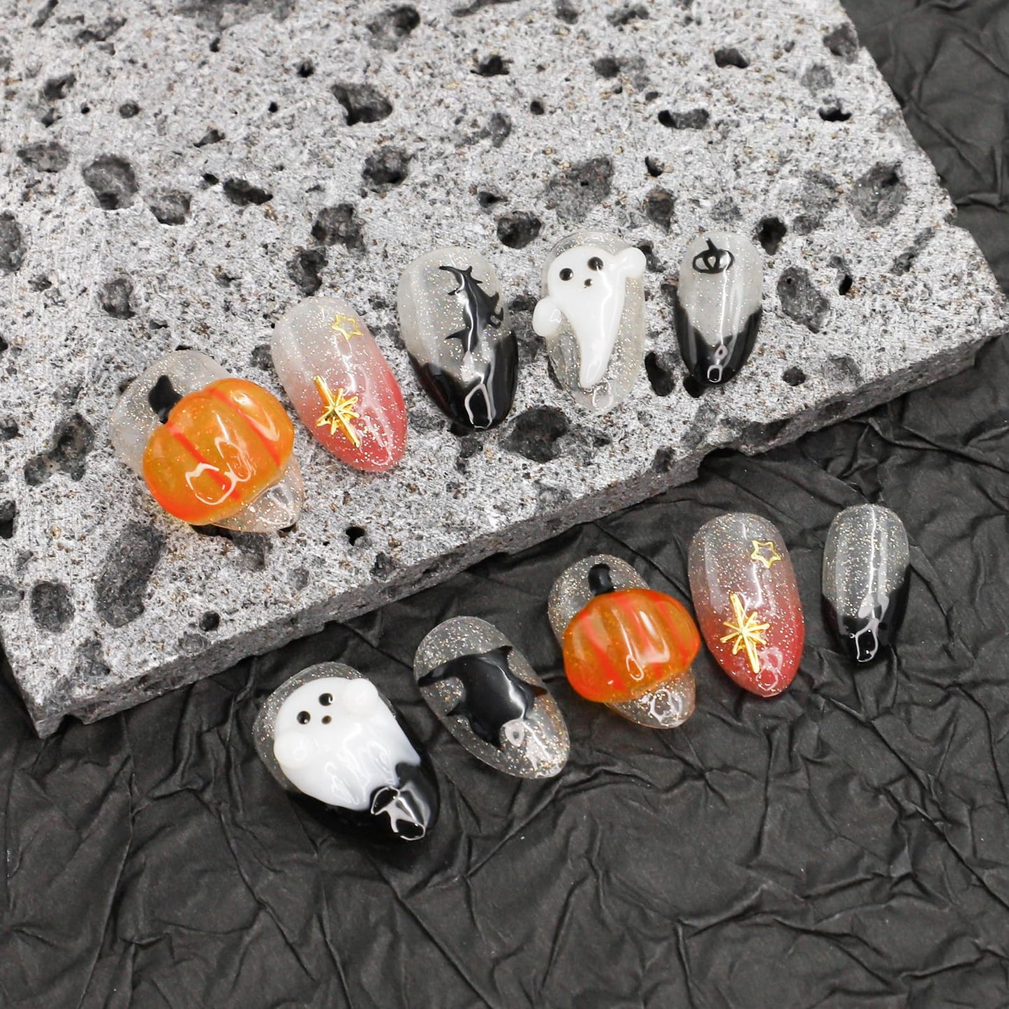 Halloween Press on Nails Handmade 3D Cute Little Ghost & Pumpkin Fake Nails Design Muti-Layer Gel Acrylic Nail Glitter Stick on Nails Full Cover Short Almond Black French False Nail for Women (Size M)