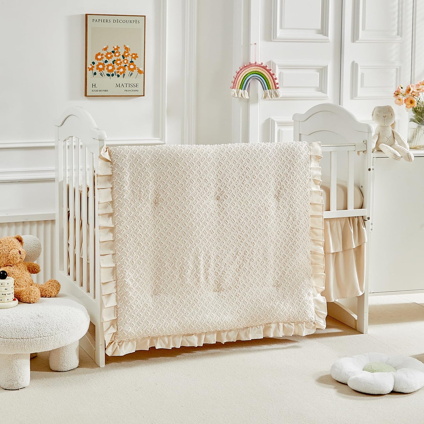 3 Pieces Tufted Crib Bedding Set with Ruffle Fringe, Beige Ruffled Comforter with Fitted Sheet and Bed Skirt , Soft and Embroidery Shabby Chic Boho Bohemian Jacquard Design for Baby Girls Boys