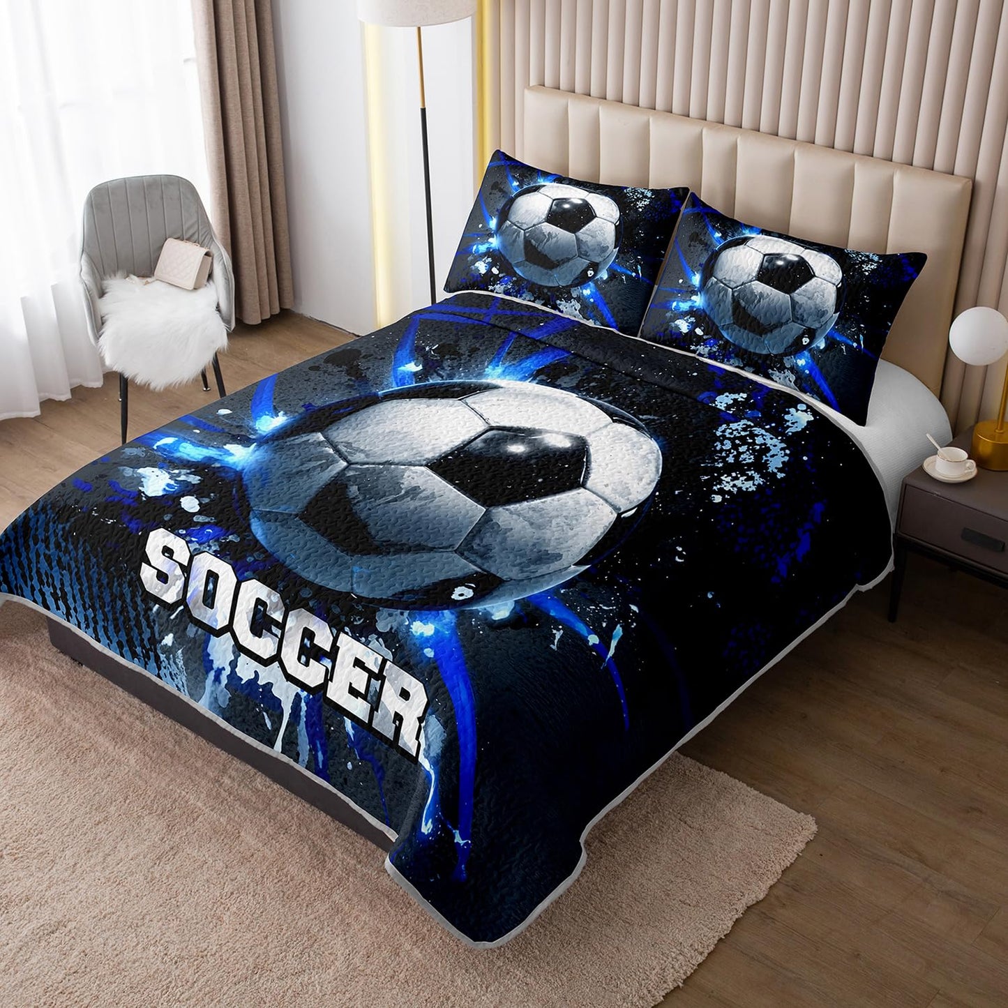 UEVBF Football King Bedding Set,Balls Sports Themed Quilted Quilt Sets for Kids Boys Teens Soccer Room Decor,Dark Blue Tie-dye Style Bedding Sets with 2 Pillowcases.