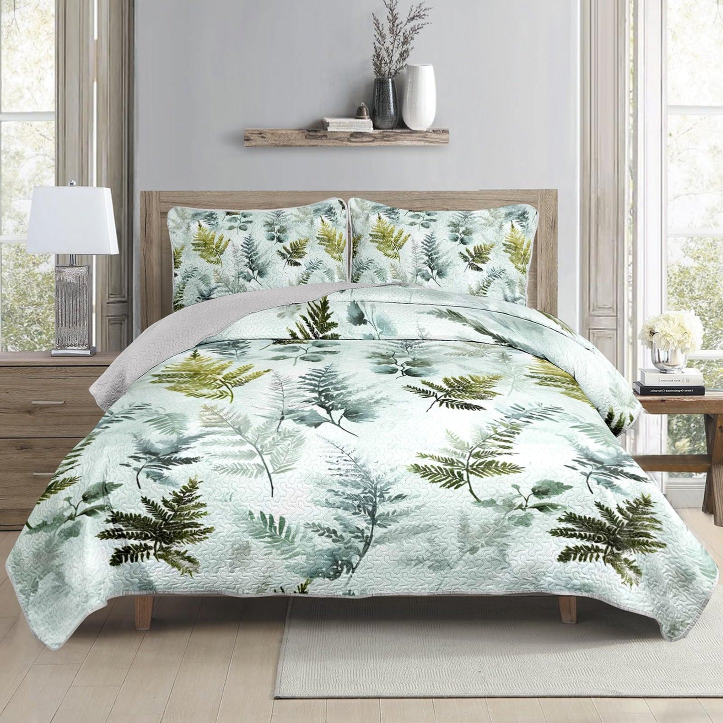 AILONEN King Size Green Leaves Print Quilted Comforter Set, 3-Piece Botanical Forest Bedspread Coverlet,Nature Quilted Bedding with 2 Pillowcases