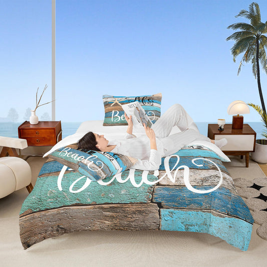 Ocean Theme Comforter Set Twin Size,Blue Rustic Farmhouse Wooden Bedding Set for Women Men Boys Girls Room Decor,Hawaiian Style Quilt Set Starfish Sea Life Duvet Insert,1 Pillowcase,Vintage Brown