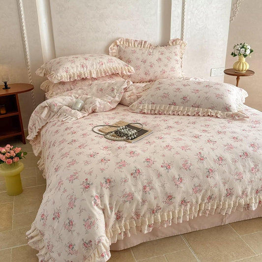 BuLuTu Pink Floral Duvet Cover Set Queen Size for Kids Teens Girls, Princess Lace Ruffled Quilt Cover Chic Aesthetic Comforter Cover with Zipper, 100% Cotton Muslin Bedding Set