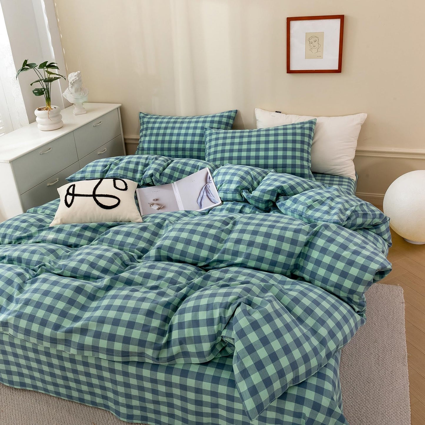VM VOUGEMARKET Green Plaid Bedding Set Queen 3 Pieces Denim Blue Checkered Duvet Cover with Zipper Ties 2 Pillowcases 100% Washed Cotton Luxury Soft Breathable Durable