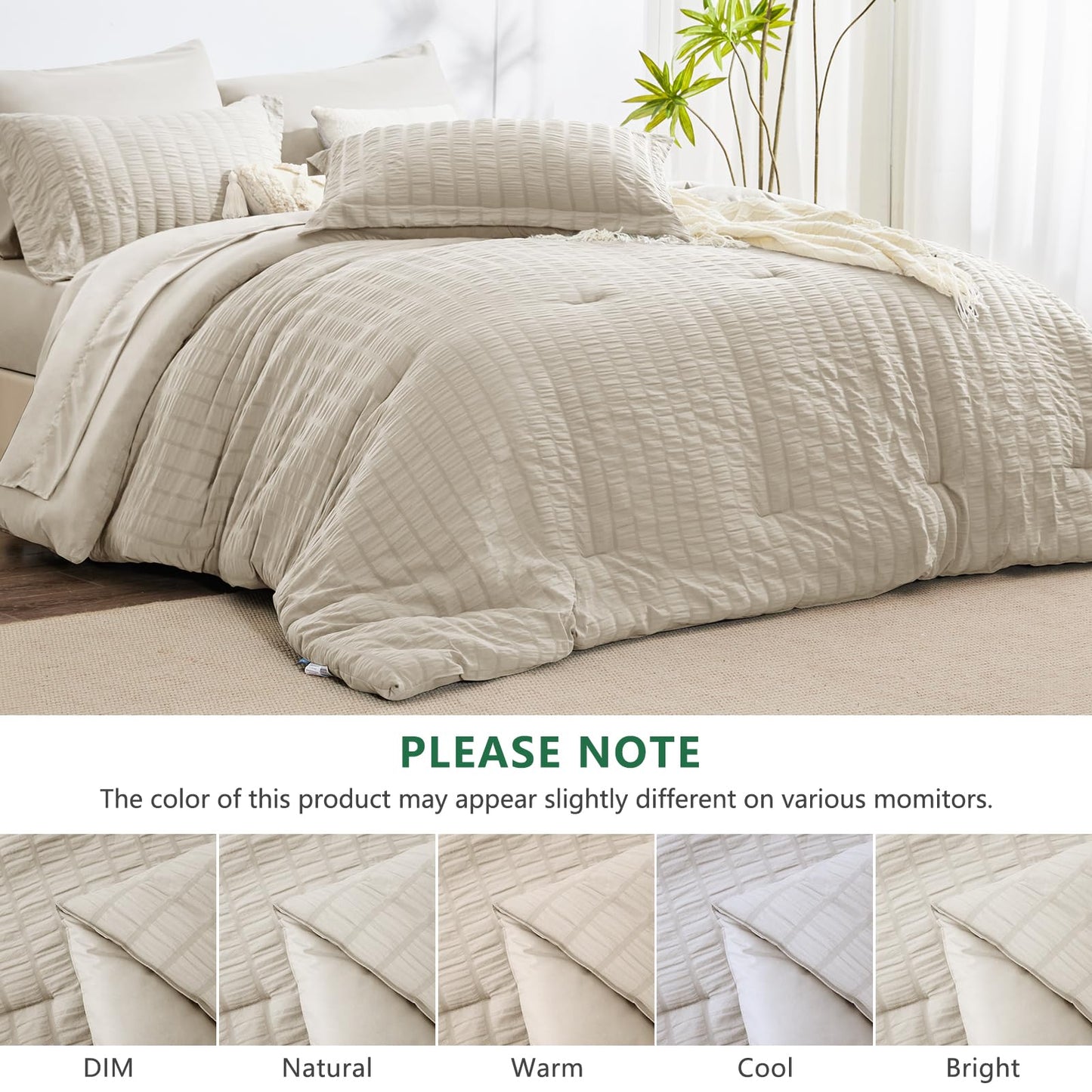 HIMEET Queen Comforter Set - 7 Pieces Seersucker Bed in a Bag, Boho Bedding Sets for Bedroom Decor, All Season Home Essential Bed Set with Comforter, Sheets, Pillowcases & Shams, Beige