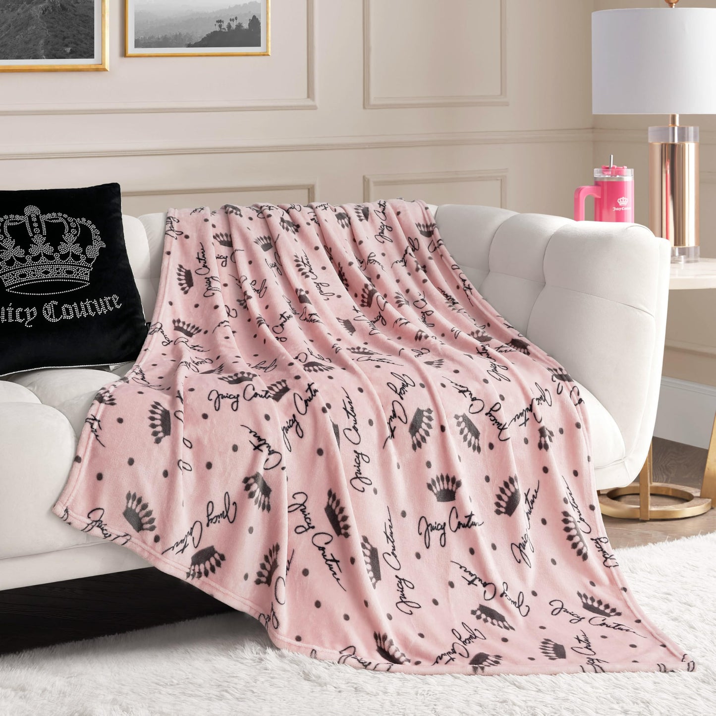 Juicy Couture - Throw Blanket | Crown Royal | Plush and Cozy | Decorative Blankets for Sofas, Chairs and Beds| Luxurious and Soft | Chic Home Decor | Measures 50" x 70" | Blush/Grey