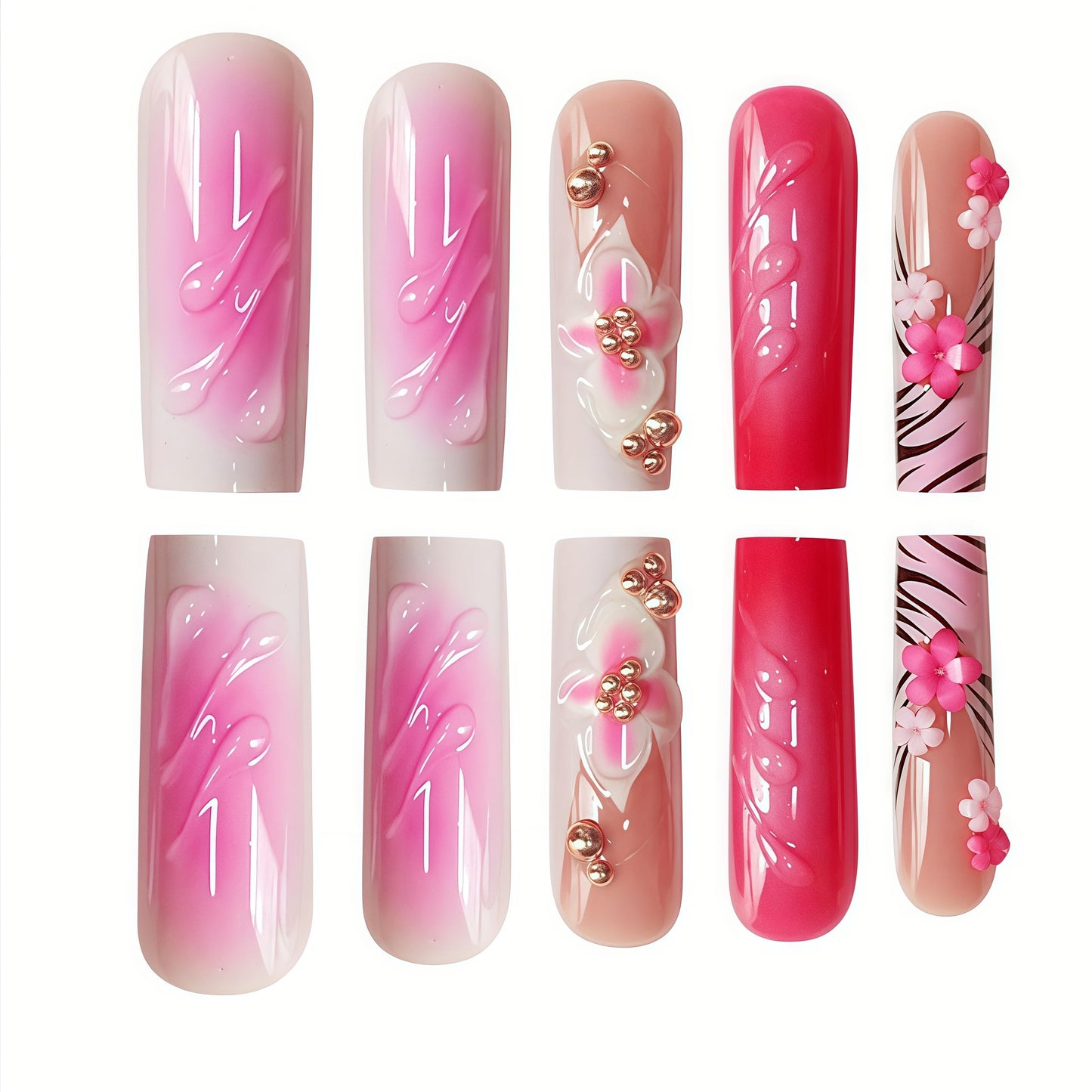 Long Press on Nails Square Fake Nails Pink French Artificial Nail with 3D Floral Designs Glitter Cute Stick on Nail for Women 24pcs