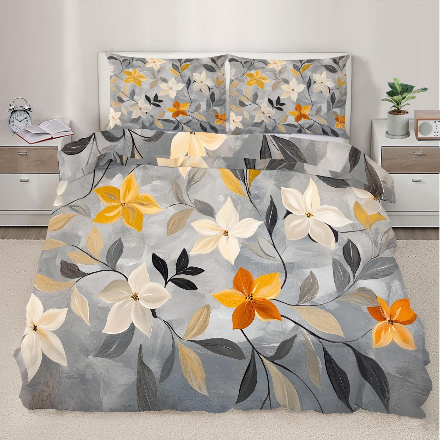 PAISUOQ Floral Bedding Sets, Nordic Floral Duvet Cover Queen, Rustic Gray Comforter Cover with Zipper Ties, 3 Pieces with 2 Pillowcases, Home Decor & Gifts