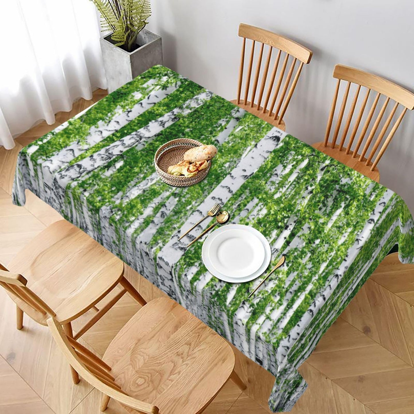 RTAFGU Forest Tablecloth, Waterproof Table Cloth Vibrant Green Birch Forest, Nature Woodland Decor Design Stain Resistant Spillproof Polyester for Kitchen Dining Party Rectangular 55" x 35"