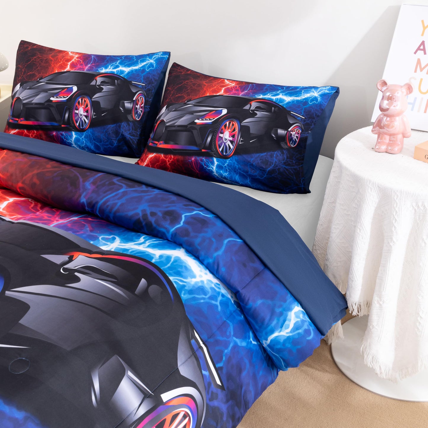 Podol 3 Pieces Race Car Comforter Set Twin Size Red and Blue Sports Car Bedding Sets for Boy Lightnings Tie Dye Bed in a Bag
