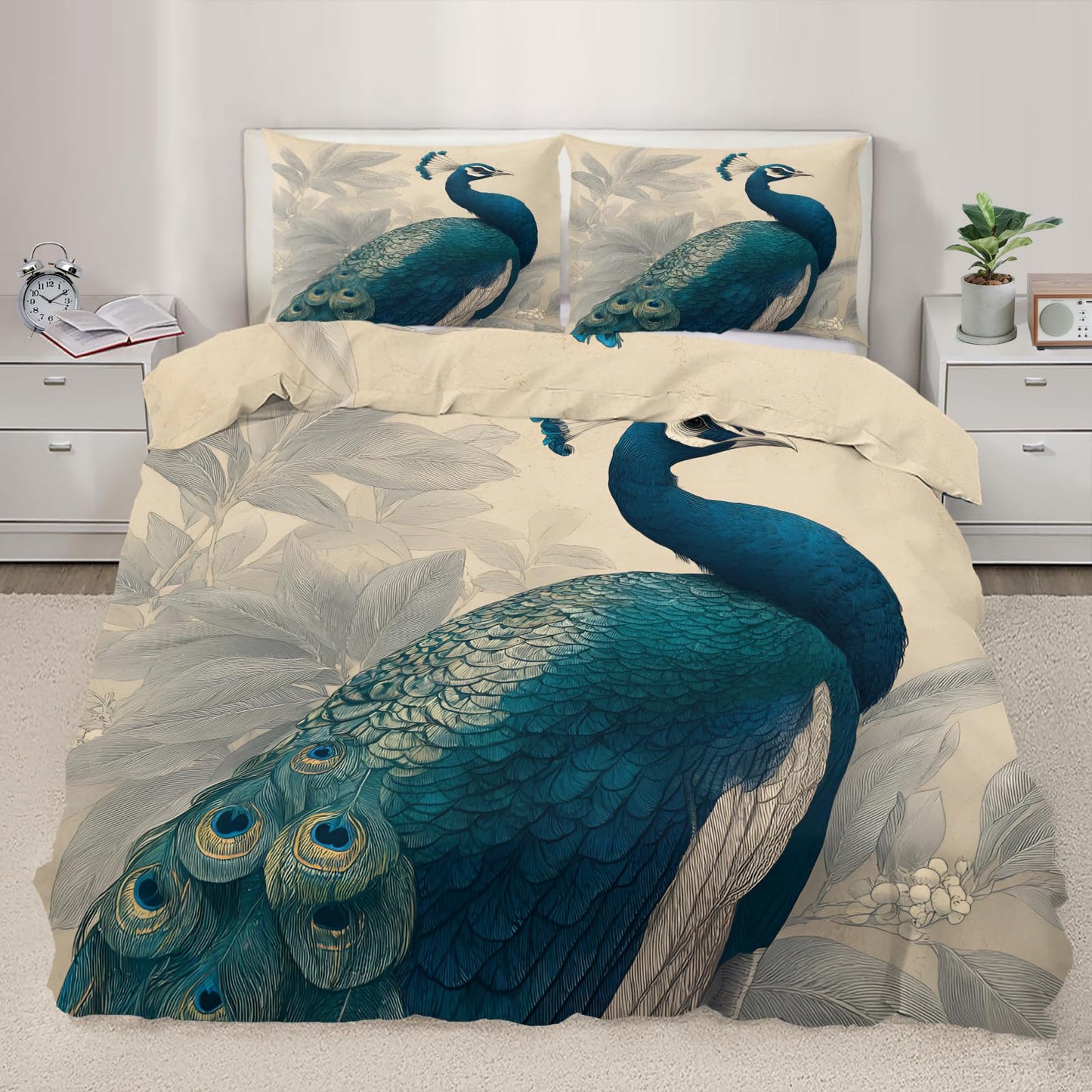 Blue Peacock Duvet Cover Twin Size, Teal Peacock Feather Comforter Cover 68" x 90" & 2 Pillowcases, Elegant Birds Bedding Set with Zipper Ties