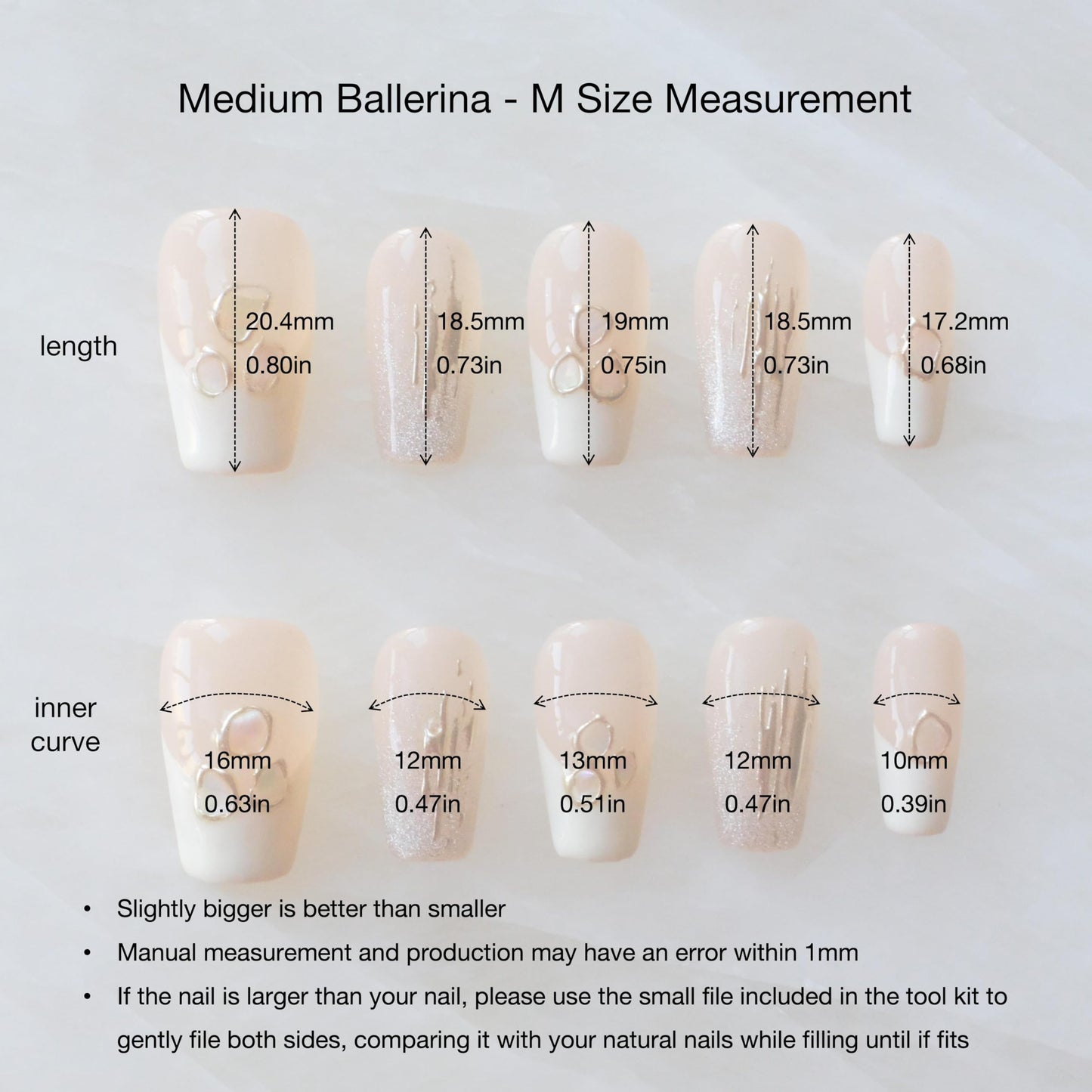 [GLORS] Purly Handmade Medium Ballerina Press on Nails | Mica Love - Shell Piece Pure and Seductive Fake False Nail Art, 10 Pieces (Medium, MB)