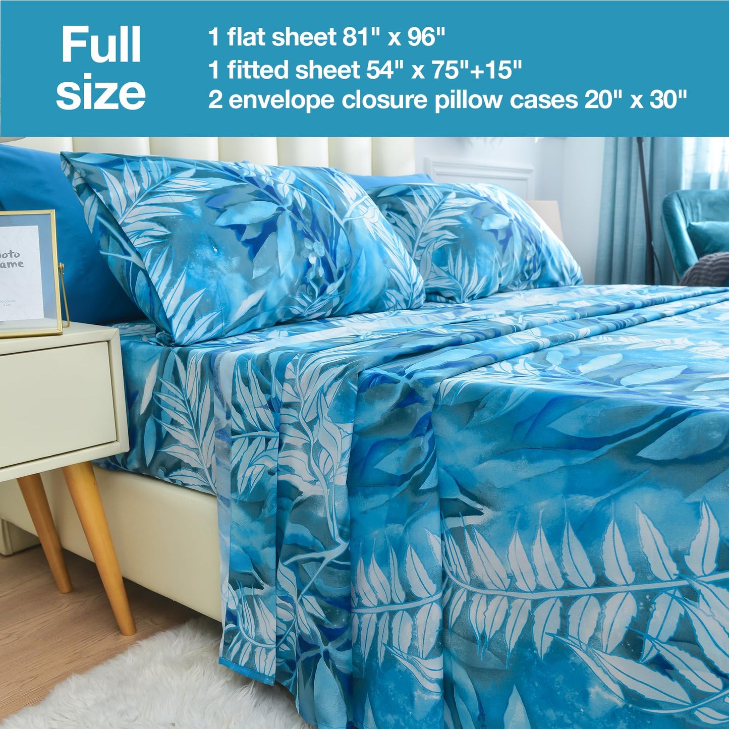 JSD Teal Blue Tropical Leaves Sheet Set Full Size, 4 Piece Printed Microfiber Sheets Extra Deep Pocket Wrinkle Free