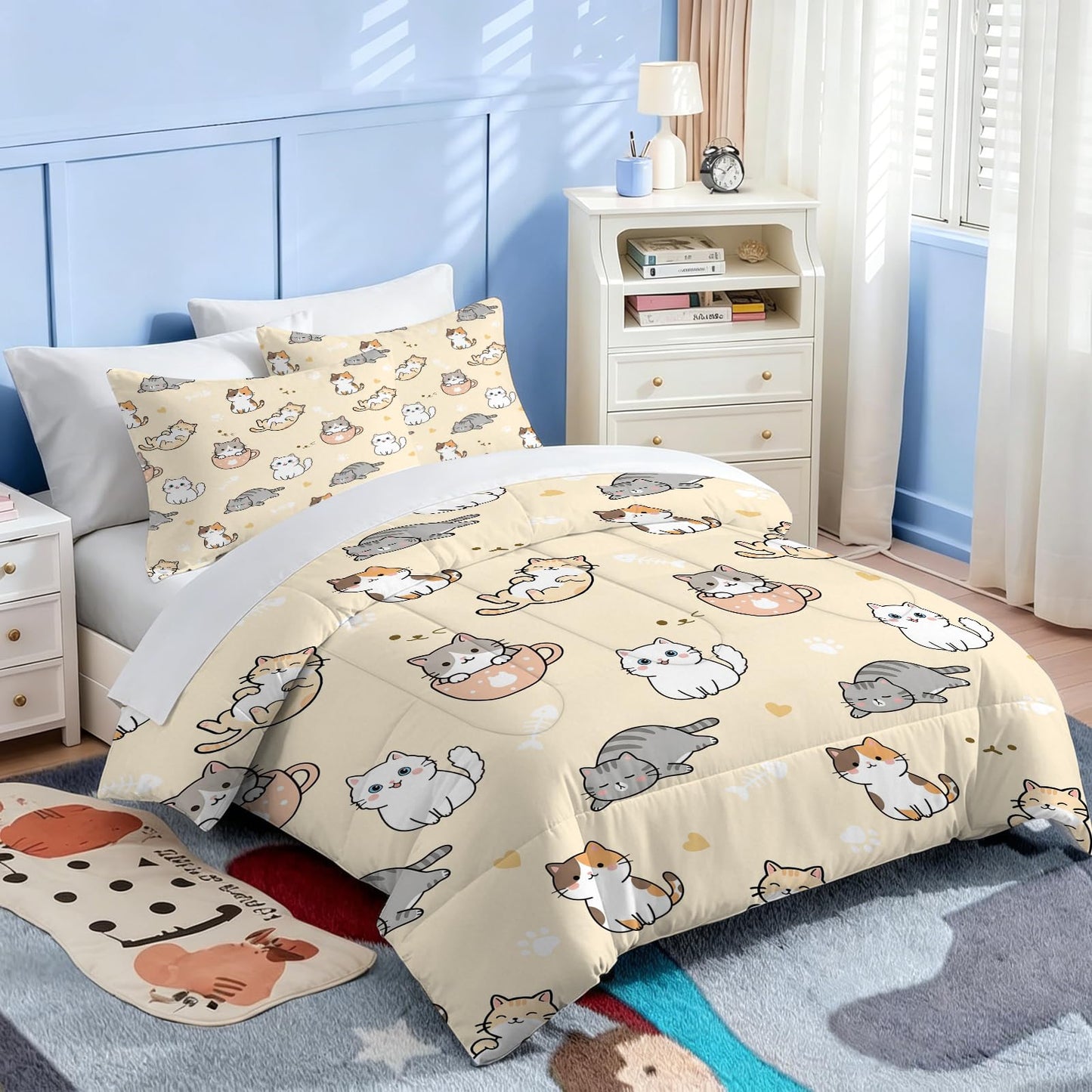 EDGZKO Cat Comforter Set Full Size Cartoon Cat Pattern Princess Bedding Set Soft Toddler Quilt Duvet Set Full Bed Set for Girls Kids Teens Adults Nursery 1 Comforter 2 Pillowcases