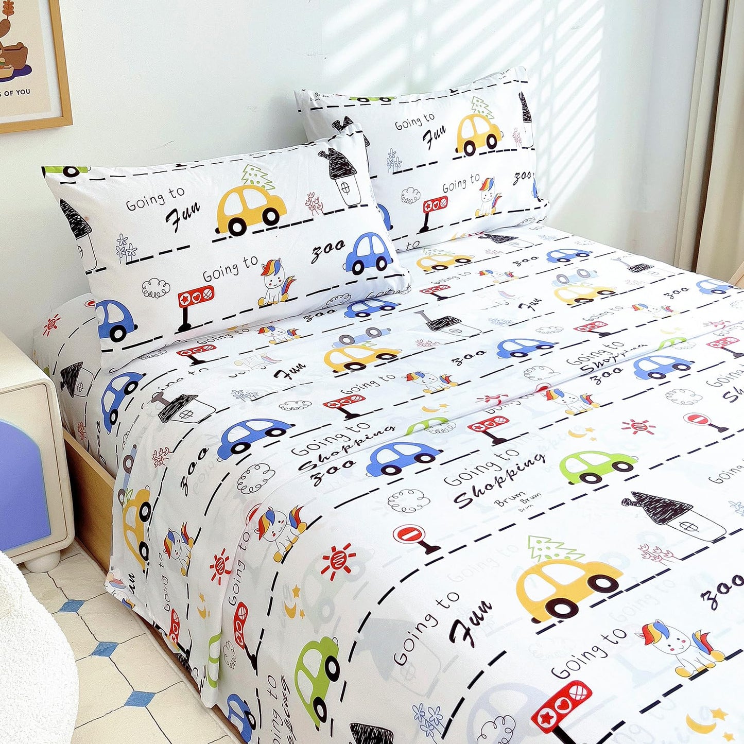 Homilay Full Sheet Set Kids - Car 4 Pieces Soft Microfiber Cartoon Style Bedsheets for Boys Girls Teens, Oeko TEX Breathable 15 Inch Deep Pocket Sheets(Unicorn Town)