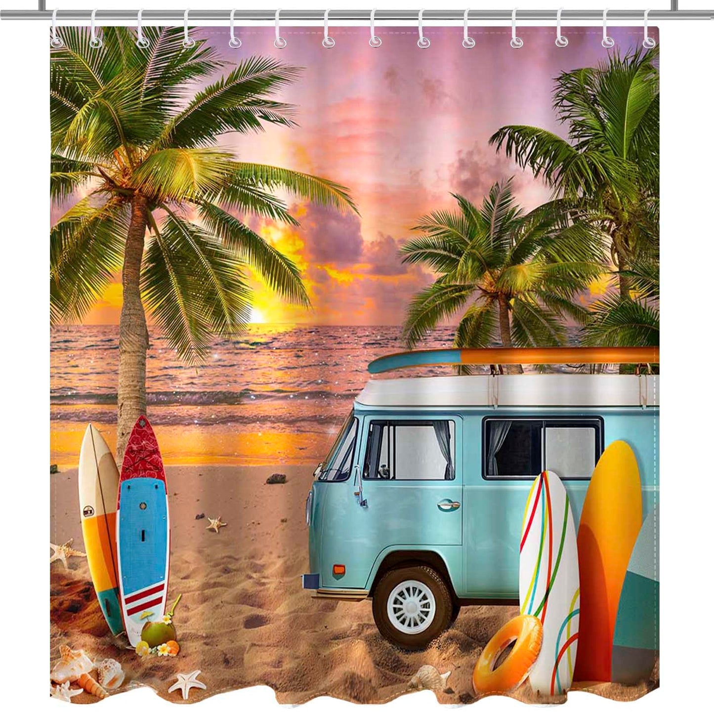 Tropical Beach Ocean Shower Curtain, Beach Palm Tree Summer Bathroom Decor Bath Curtain, Waterproof Hawaii Coastal Surfboard Tour Bus Bath Curtain, 72 X 72 Inch (Orange, 72"W x 72"L (Pack of 1))