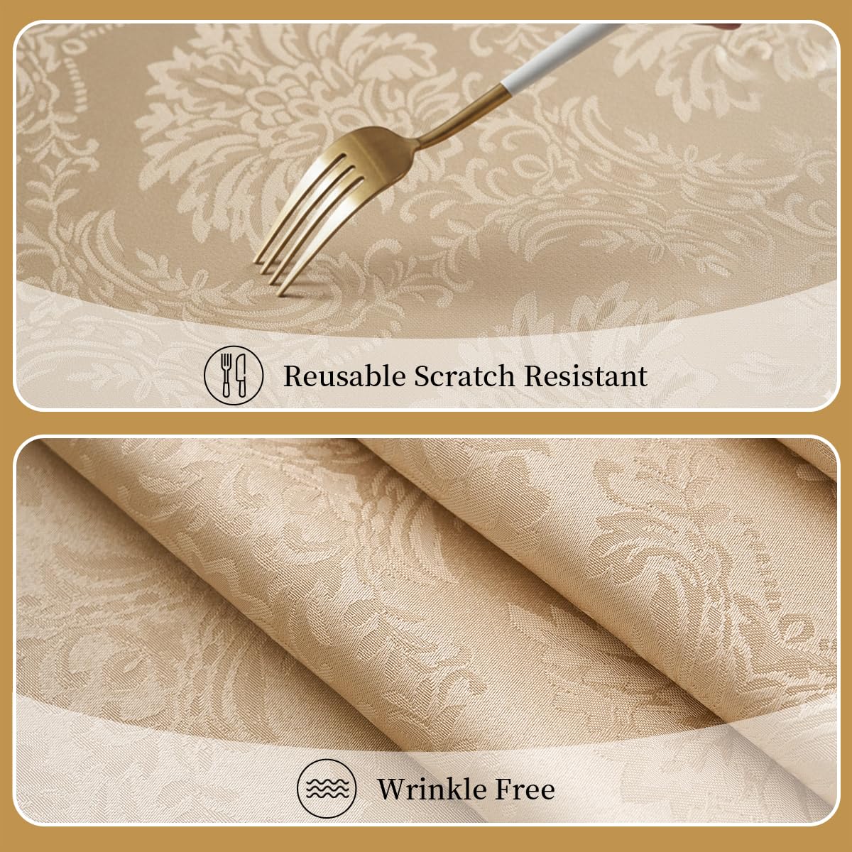 Romanvicky Damask Jacquard Rectangular Tablecloth, Champagne Gold Floral, Spill-Proof Stain Resistant Wrinkle Free Table Cover for Banquet Dining Holiday Party Decor, 52x70 Inch