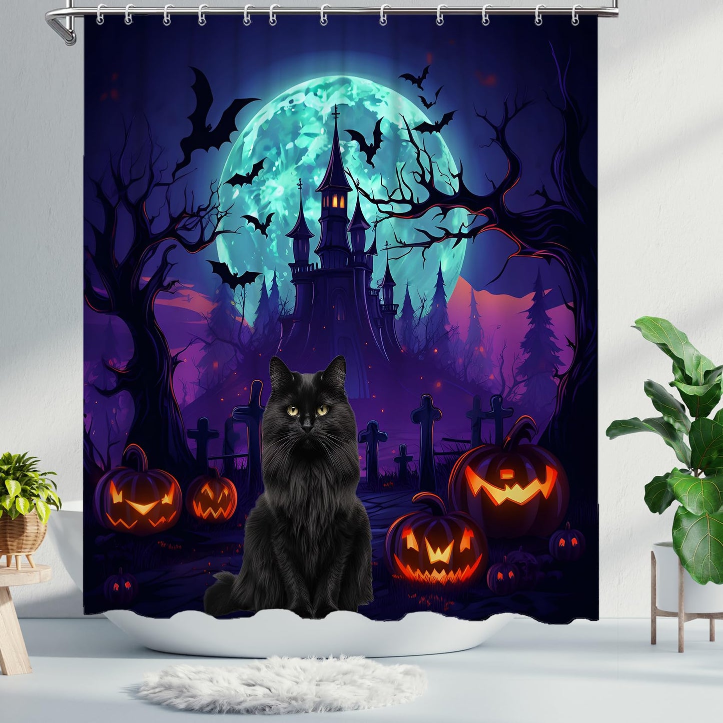 DuriLolly Haunted House Halloween Shower Curtain Scary Black Cat Bats Cemetery Castle Shower Curtains Horror Pumpkins Lantern Full Moon Night Halloween Bathroom Decor Waterproof Fabric 71x71 inch