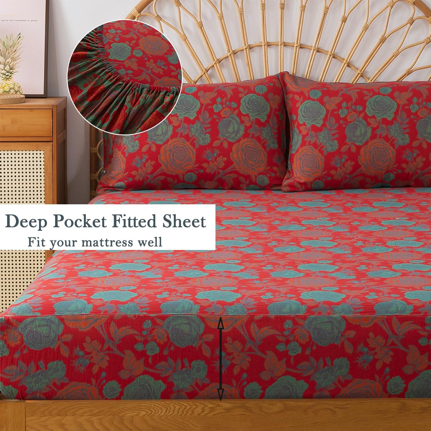 FADFAY Double Gauze 100% Cotton King Sheets Set Floral Bed Sheets Deep Pocket Fitted Sheet, Luxury Rose Pattern Shabby Vintage Countryside Style Bedding 4Pcs