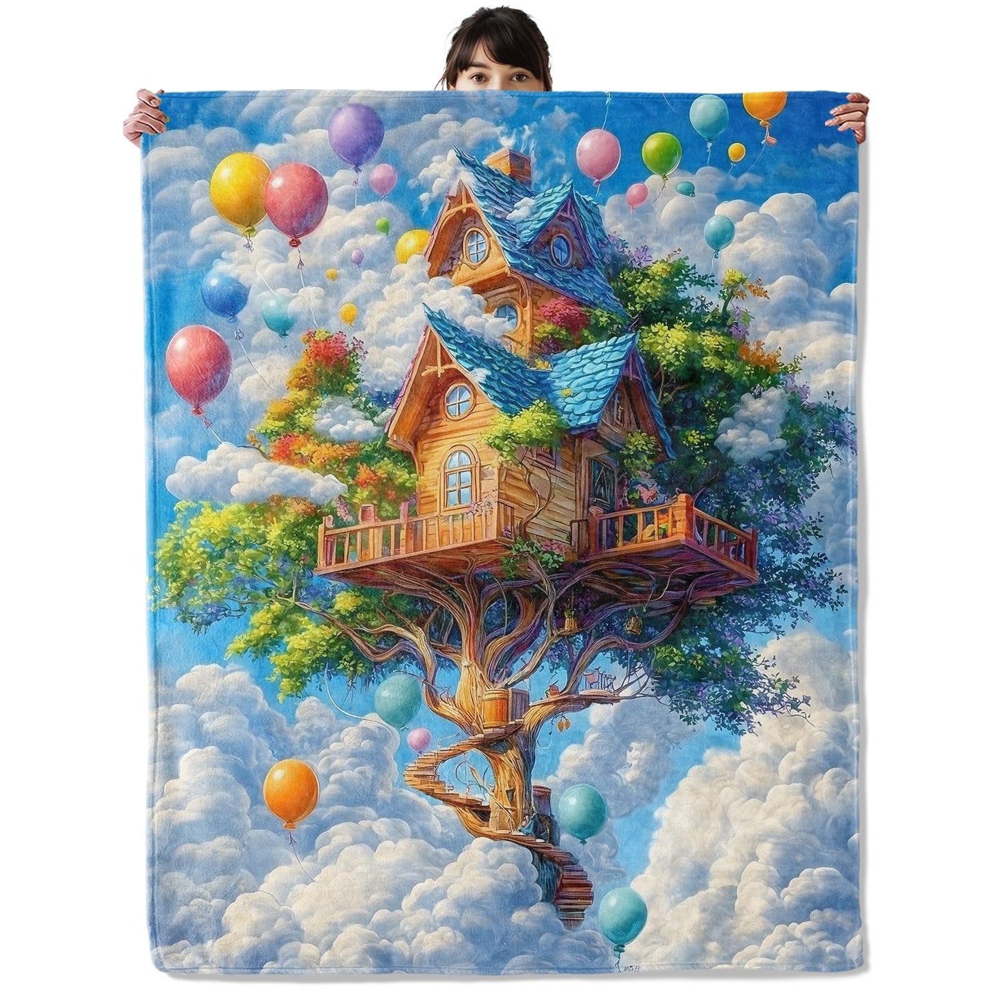 onlcuk Floating Tree House Blanket, Cozy Flannel Cloud & Balloon Throw Blanket, Soft Fuzzy Blankets for Travel Home Decor, All Season Lightweight Couch Bed Cover, Gifts for Women Adults Kids 50"×60"