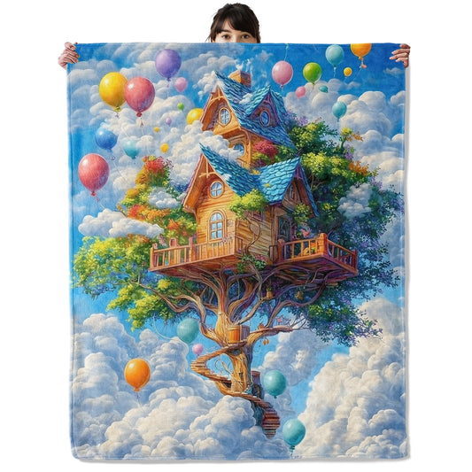 onlcuk Floating Tree House Blanket, Cozy Flannel Cloud & Balloon Throw Blanket, Soft Fuzzy Blankets for Travel Home Decor, All Season Lightweight Couch Bed Cover, Gifts for Women Adults Kids 50"×60"