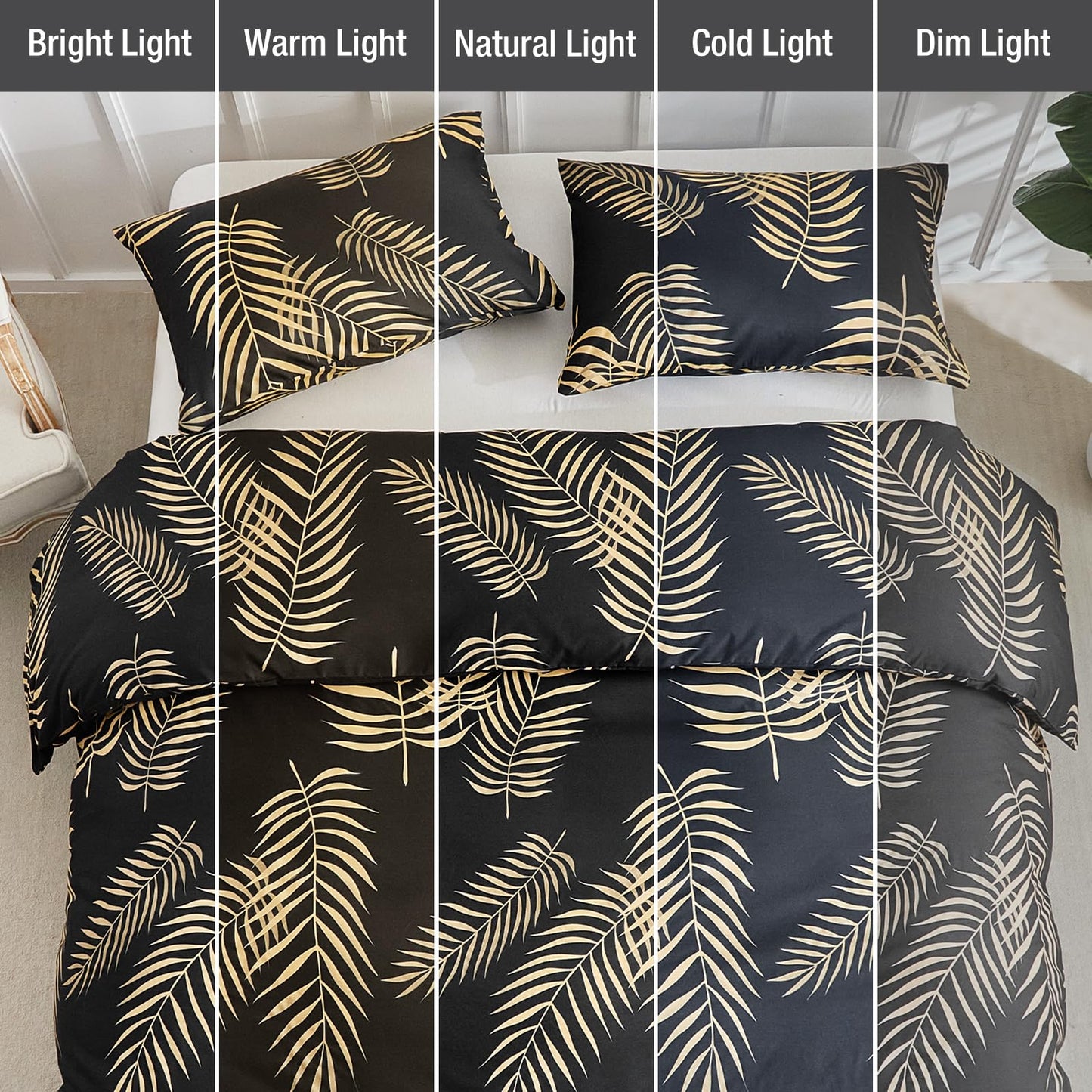 Lekesky King Duvet Cover Set, Black and Gold Tropical Palm Leaf Pattern Comforter Cover King Size, 3 Pieces Soft Microfiber Bedding Sets with Zipper & 2 Pillowcases, Comforter Not Included