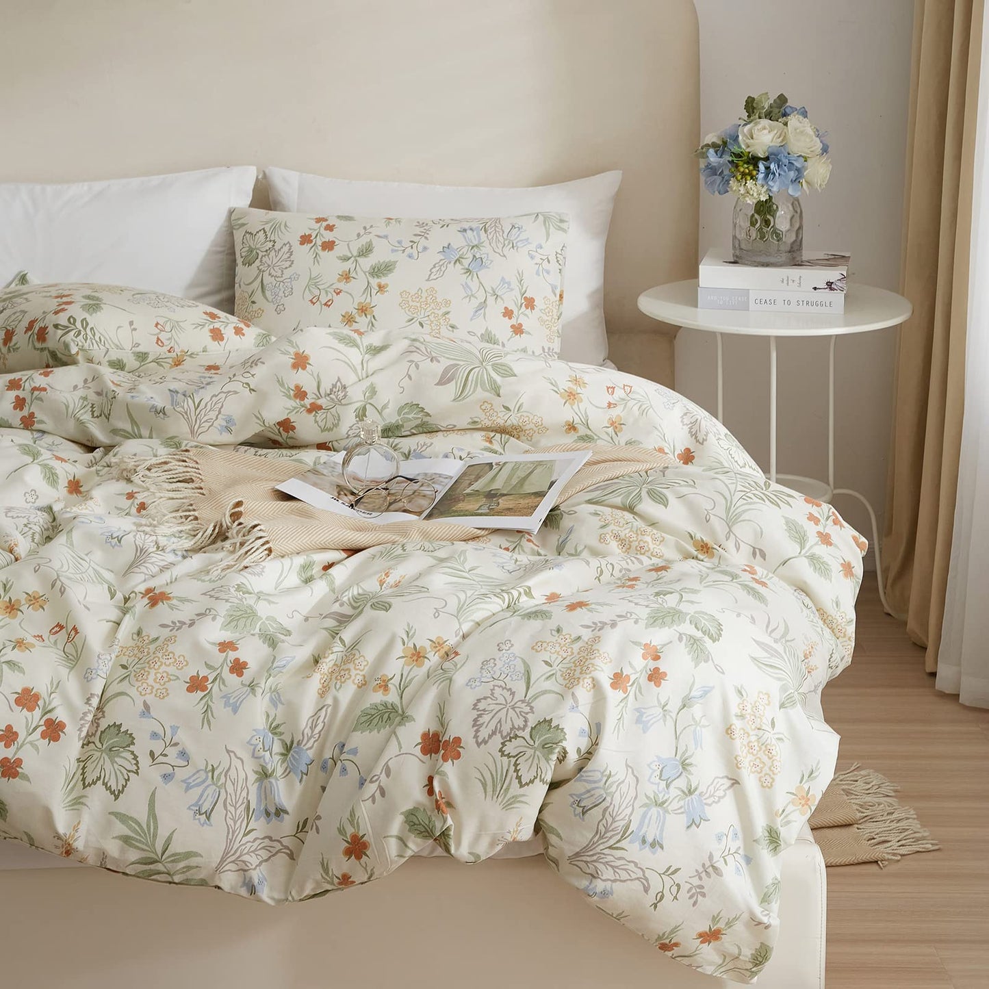mixinni Floral Duvet Covers Queen Size Botanical Flower Leaf Printed on White Bedding Duvet Cover Set with Zipper Closure Ties for Him and Her 1 Duvet Cover with 2 Pillowcases-(3pcs, Queen Size)