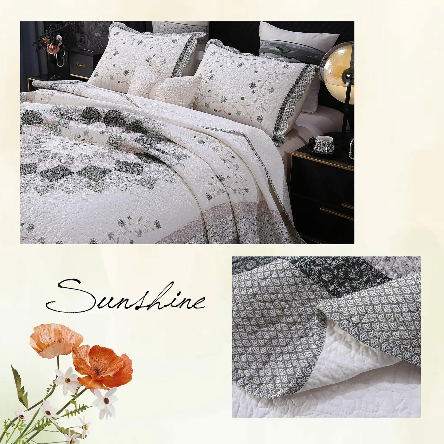 ROOMLIFE Quilt Set Queen Size 3D Floral Embroidery Pattern 3-Piece Cotton Reversible Quilted Embroidered Decorative Bedspreads Coverlet Bedding Set, Lightweight &Soft, All Season(90" X 94") Black