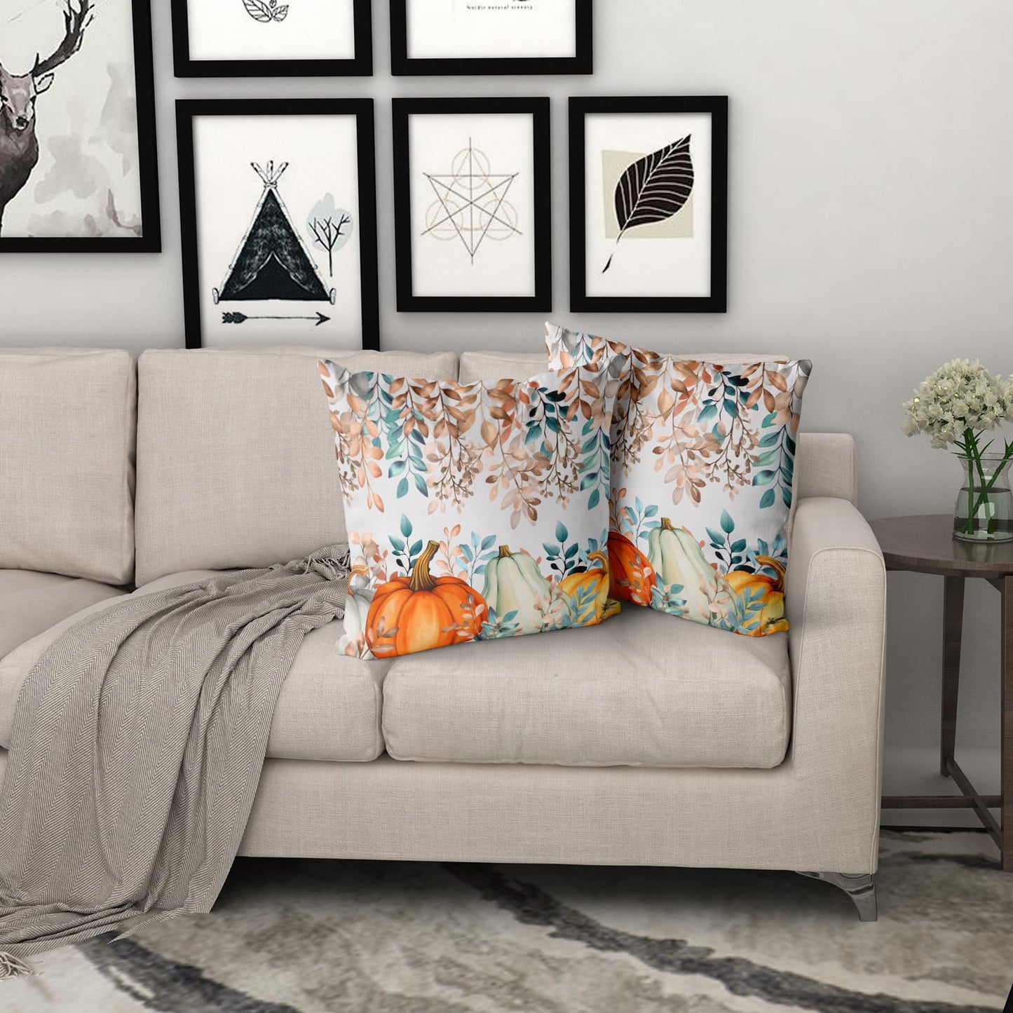 Giwawa Fall Pumpkin Pillow Covers 18x18 Inch Teal Orange Autumn Leaves Throw Pillow Case Decorative Thanksgiving Cushion Cover for Home Couch Sofa Farmhouse, Set of 2