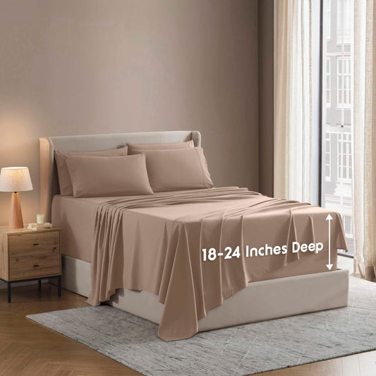 Nestl Extra Deep Queen Sheet Set - 6 Piece Breathable & Cooling Sheets - Hotel Luxury Bedding Set w/18-24 Inch Deep Pockets - Easy & Secure Fit - Super Soft, Wrinkle Free & Comfy - Taupe Sand