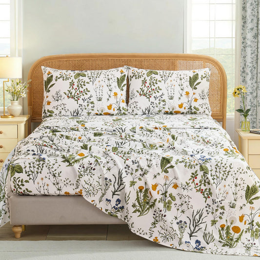 Cozaline 100% Cotton Sheet Set Queen Size – 4-Piece Vintage Green Floral Bedding Set, Soft Breathable Percale Weave, Deep Pocket Fitted Sheet 17.5", Crisp Cool Feel, Refined Botanical Elegance