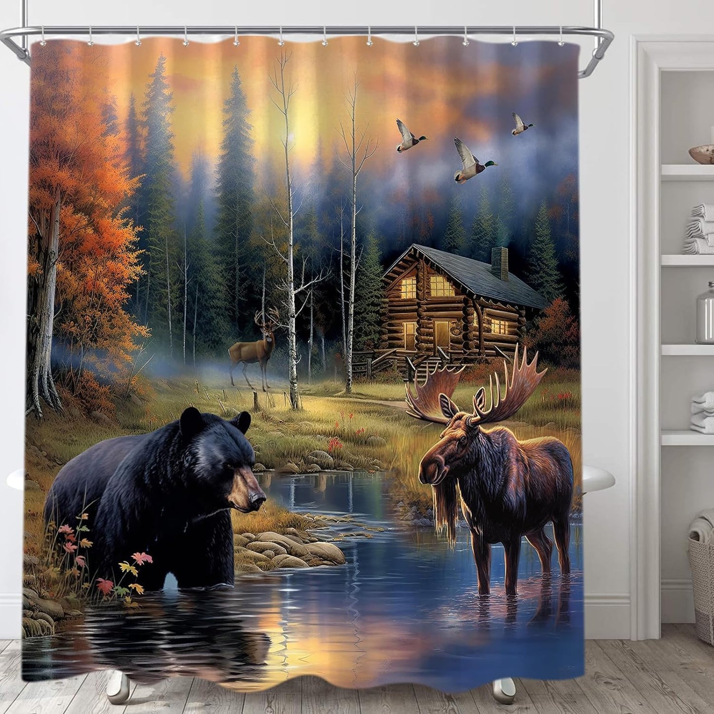 Sanzugh Rustic Bear Shower Curtain, Country Moose Deer Cabin Fabric Shower Curtains Set for Bathroom Lake Lodge Duck Farmhouse Decoration with Hooks 60 X 72 inch Bath Decor