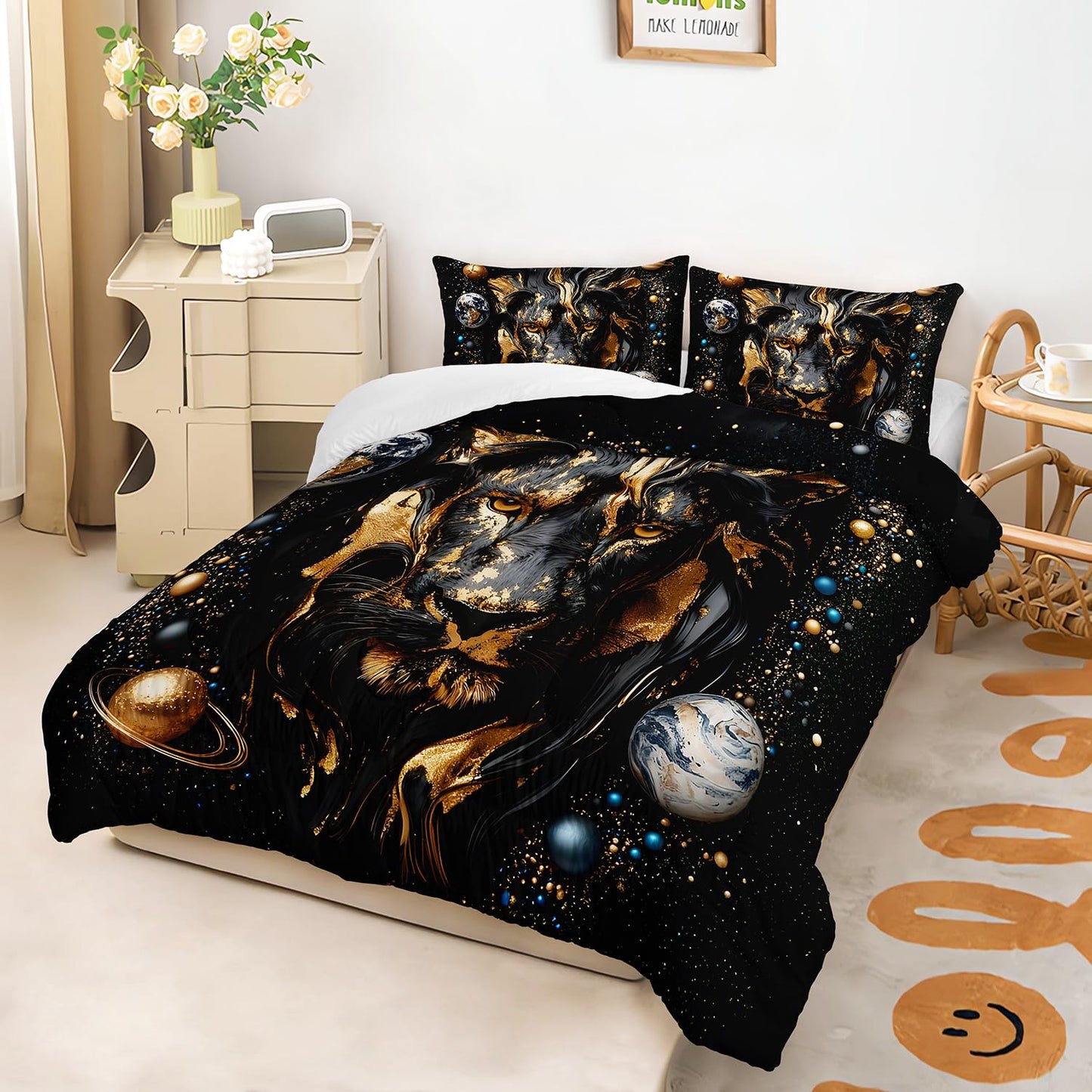XYNHML 3D Black Golden Lion Theme Comforter 3Pcs Twin Outer Space Planet Earth Bedding Set for Kid Teen Girl Boy Adult Tropical African Wildlife Lion Quilt Bed Decor with 1 Comforter & 2 Pillowcases