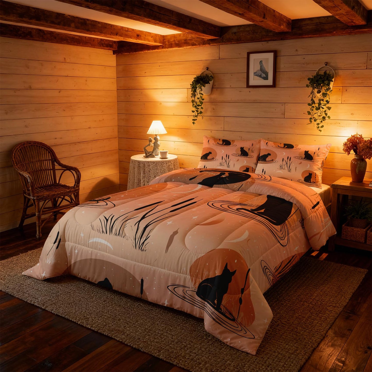 TANCAPRIUM Black Cat Comforter Set Twin - Boho Moon Bedding Set & 2 Pilow Cases for All Season - Soft Reversible Down Alternative 3 Piece. Witchy Bedrom Decor