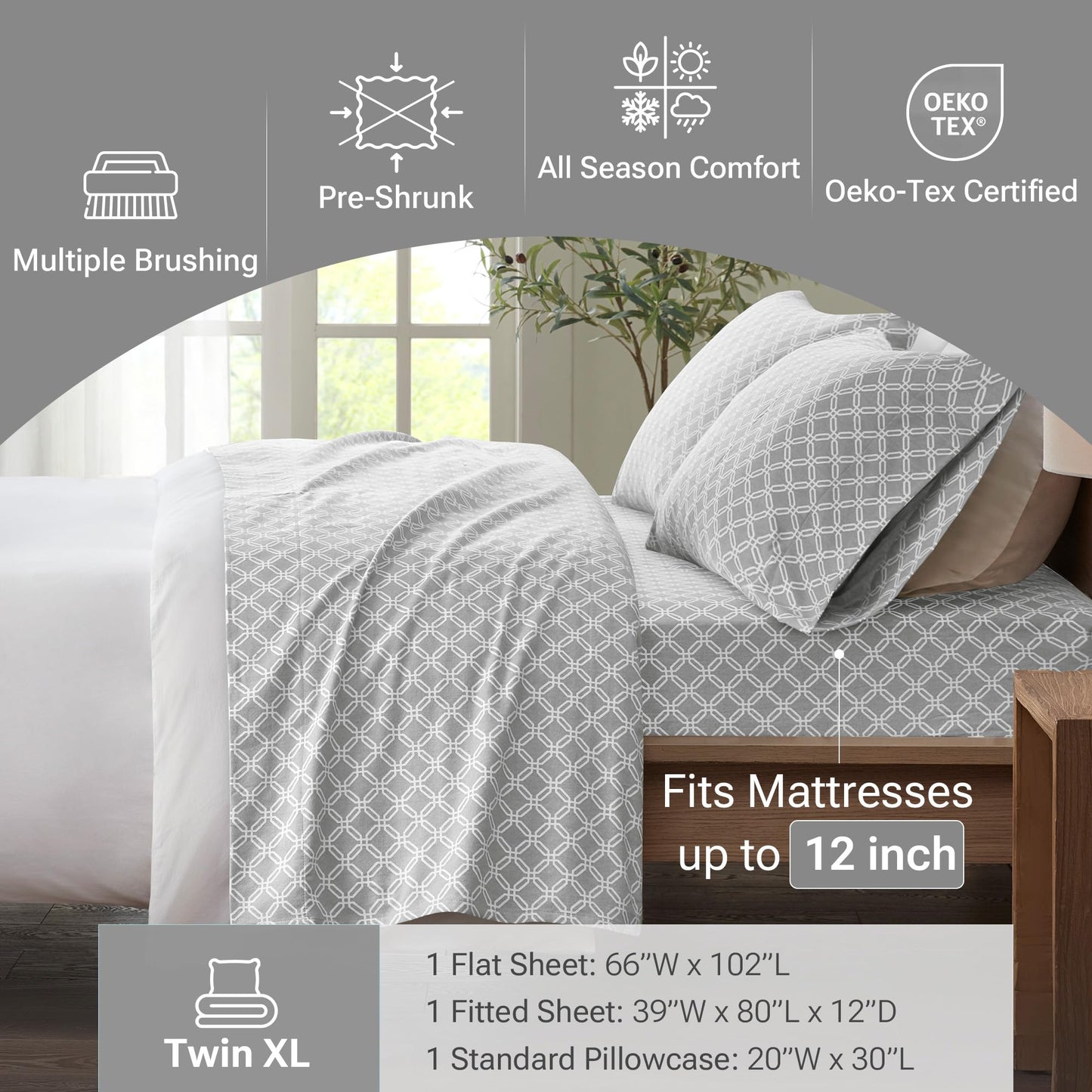 True North by Sleep Philosophy Cozy Flannel Warm 100% Cotton Sheet - Novelty Print Animals Stars Cute Ultra Soft Cold Weather Bedding Set, Twin XL, Grey Geo 3 Piece