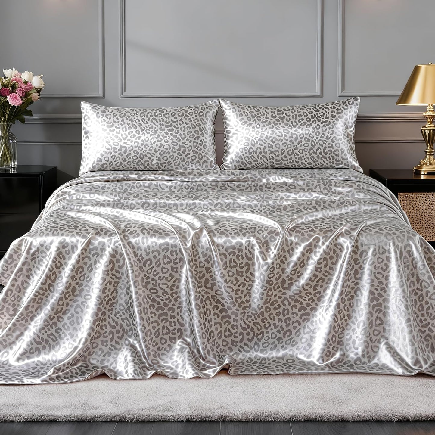 FreshCulture Satin Sheets King Size - 4 Piece Luxury Soft Silky Sheets for Hair and Skin, Similar to Silk Bed Sheet Set with 1 Deep Pocket Fitted Sheet, 1 Flat Sheet & 2 Pillowcases (Leopard)