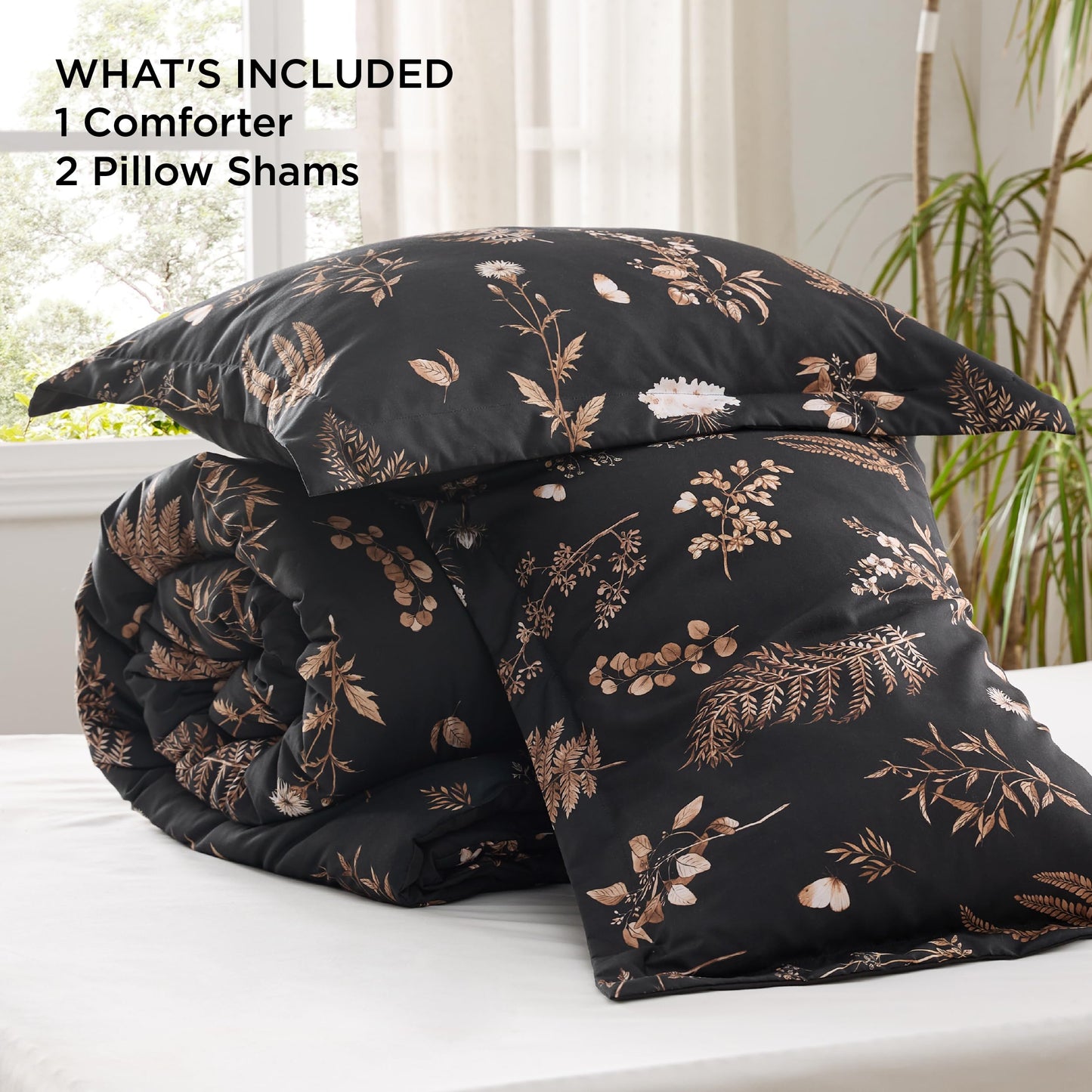 Bedsure Comforter Set King Size - Cute Floral Comforter, Black Bedding Comforter Sets, 1 Soft Reversible Botanical Flowers Comforter and 2 Pillow Shams