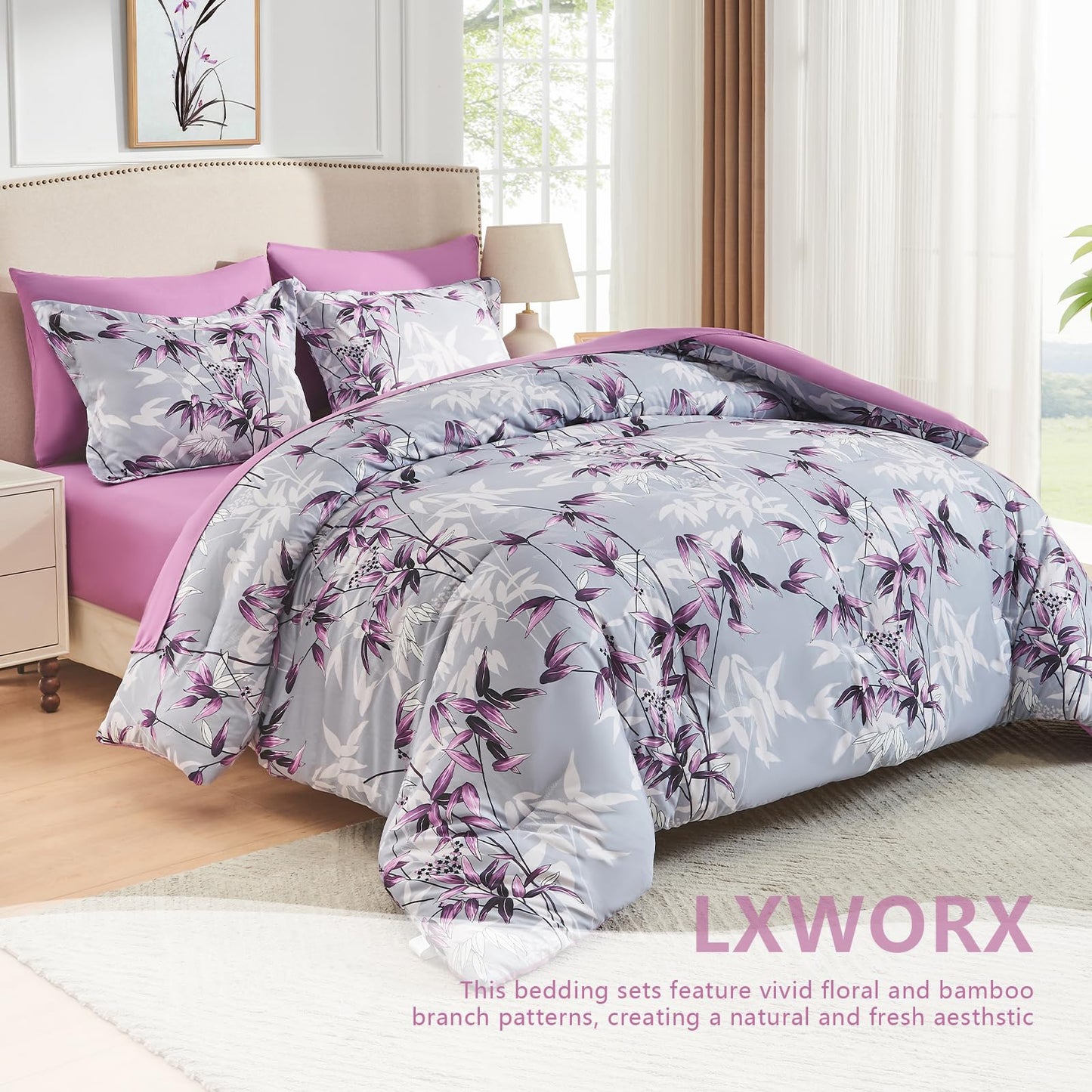 LXWORX Queen Comforter Set Purple - 7 Pieces Bed in a Bag Botanical Leaf Pattern Bedding Set, Soft Lightweight Bed Set with Comforter and Sheets for All Season (Purple,Queen)